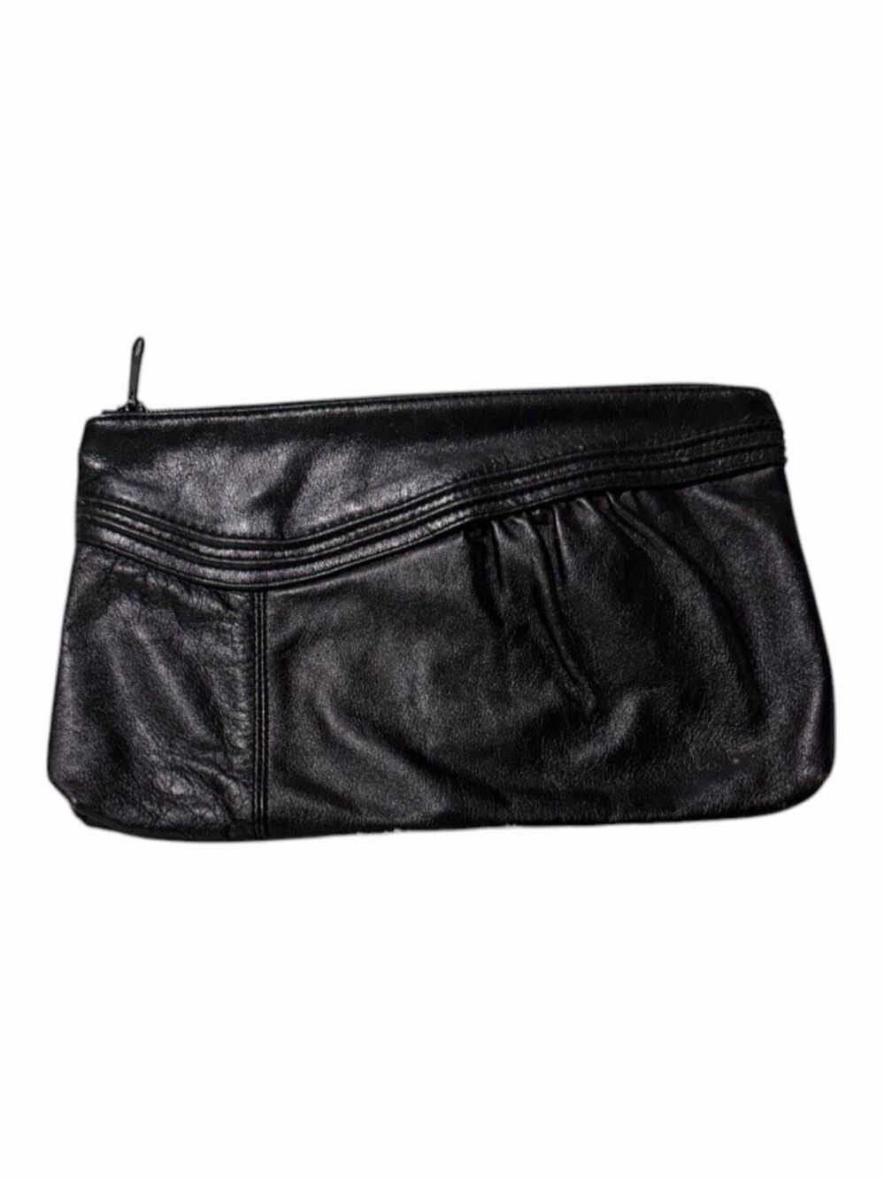 VINTAGE TONI Black Genuine Leather Pleated Zip Clutch Wristlet Pouch